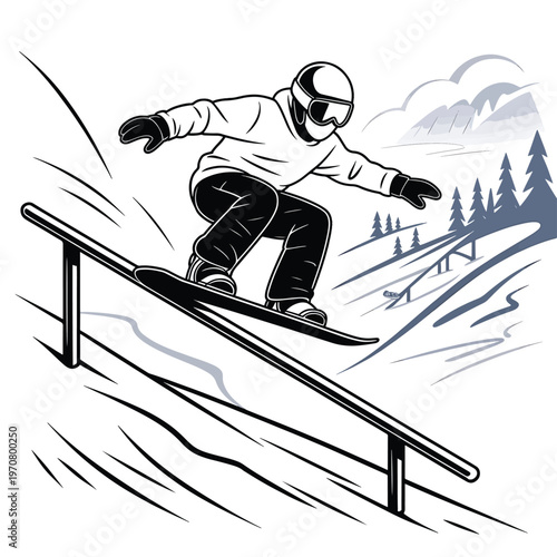 snowboarder performing a stylish rail grind in a mountain winter landscape