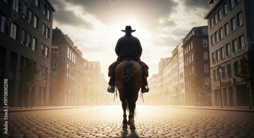 A lone cowboy rides his horse through a deserted city street at sunset