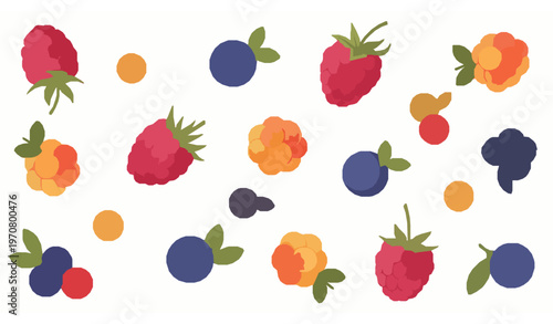 Forest wild berries vector illustration with blueberry raspberry cloudberry and cowberry in natural scattered composition isolated on white