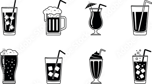 Beverage icon set with soda, beer, cocktail and milkshake glasses, cold drink collection, bar and cafe menu symbols, minimal vector illustration isolated on white