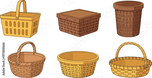 Basket collection set with plastic and woven wicker containers, storage and shopping baskets, household organization items, detailed vector illustration isolated on white background