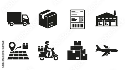 Logistics & Delivery Icons – Truck, Warehouse, Package, Airplane