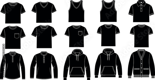 Clothing silhouette collection with t-shirts, polo shirts, hoodies and sweaters, casual apparel set, fashion garment icons, minimal vector illustration isolated on white background