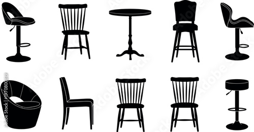 Collection of chair and table silhouettes, modern furniture set including bar stools, dining chairs and lounge seat, interior design elements, minimal vector illustration