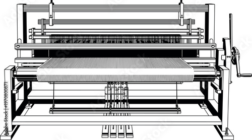 Industrial weaving loom machine line art illustration, textile manufacturing equipment with threads and mechanism, traditional fabric production technology, 