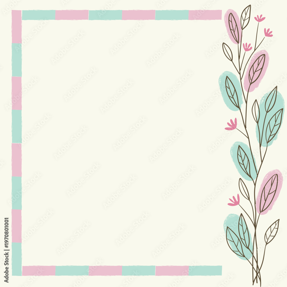 Fototapeta premium Hand drawn Floral Frame with Pastel Pink and Mint Blocks border 