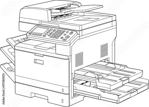 Office multifunction printer copier scanner line art illustration, modern business equipment with paper trays and control panel, workplace technology device isolated on white background