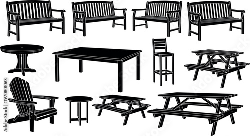 Outdoor furniture silhouette set with benches, tables, chairs and picnic seating, garden and patio collection, wooden park furniture, minimal vector illustration isolated on white
