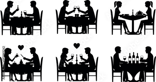 Romantic dinner silhouette set with couples dining, wine glasses, candlelight and food, love date scenes collection, restaurant lifestyle concept, minimal vector illustration isolated on white