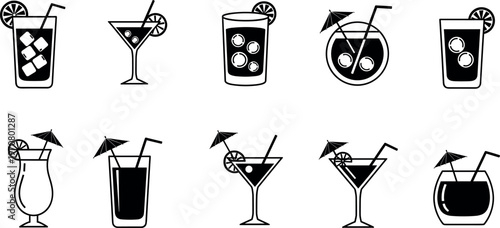 Set of cocktail and cold drink silhouettes with glasses, straws, lemon slices and umbrellas, bar beverage collection, summer refreshment icons, minimal vector illustration