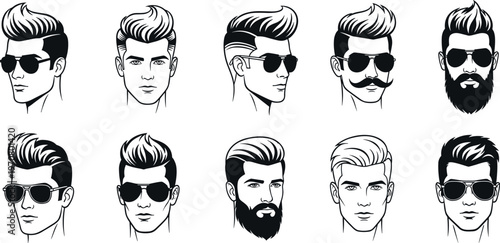 Set of stylish male hairstyles and beard variations with sunglasses, modern barber fashion collection, men grooming styles, face illustrations, trendy haircut vector isolated