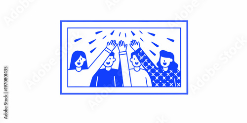 Group of people giving a high five inside a blue frame