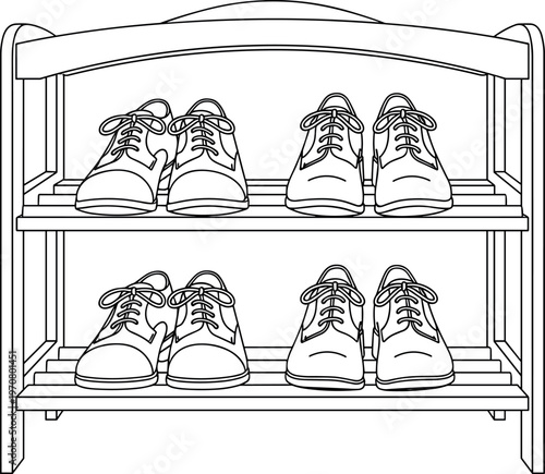 Shoe rack with pairs of footwear neatly arranged, home storage furniture illustration, organized closet concept, household interior accessory, minimal line art vector isolated on white