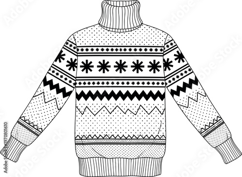 Winter sweater with Nordic pattern design, cozy knitted turtleneck pullover illustration, Christmas and holiday clothing concept, fashion apparel vector isolated on white background
