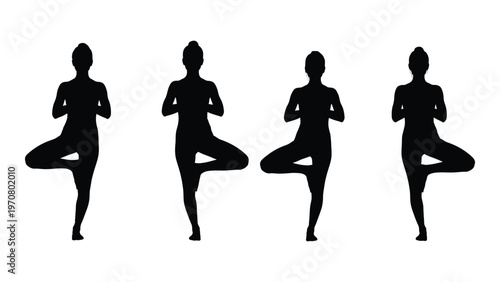 Four silhouettes of women performing a tree pose yoga sequence