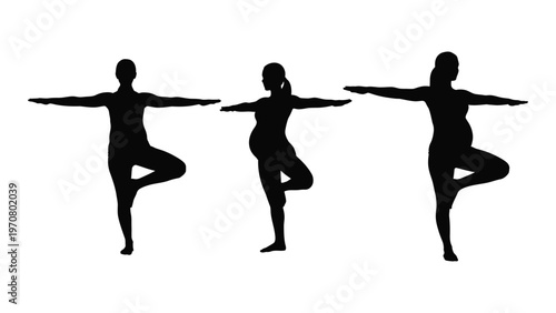Silhouettes of three women performing a tree pose yoga variation