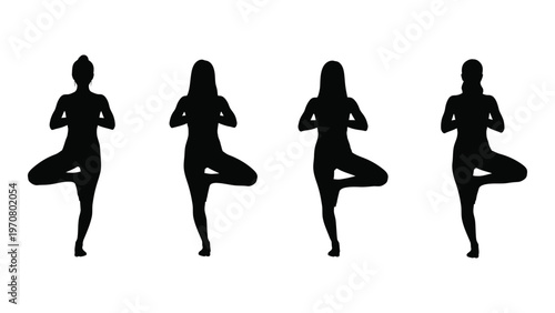 Four silhouettes of women performing the tree pose in yoga