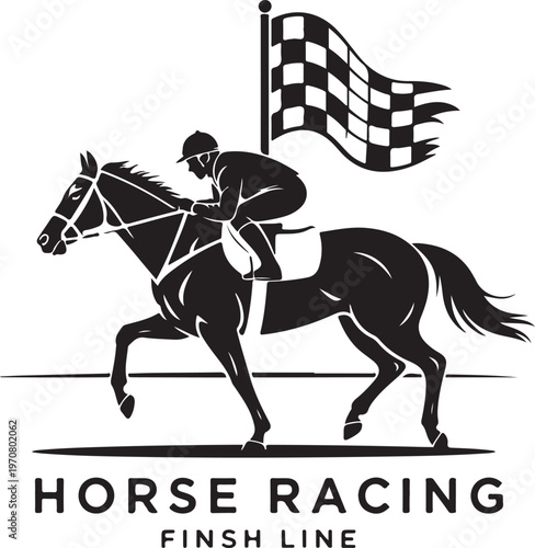 Emblem of horse and jockey with checkered flag and 'horse racing finish line'