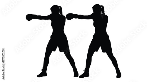 Silhouettes of two female boxers in a fighting stance facing each other