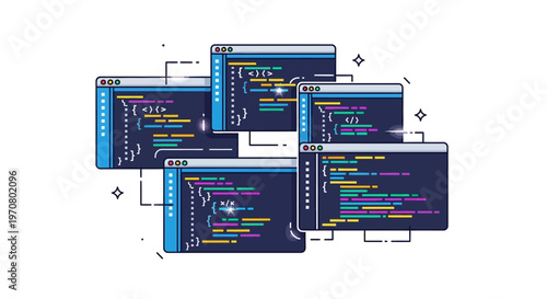Multiple computer screens with coding software.