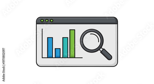 Magnifying glass on bar chart graph.