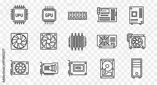 Computer hardware icons and components.