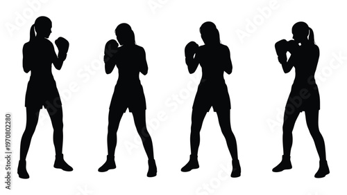 Silhouette series depicting four female boxers in dynamic fighting stances