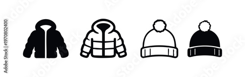 Winter Clothing Icons Set. Puffer Jacket and Beanie Hat Vector Symbols.