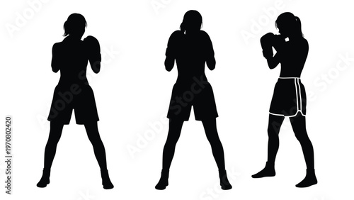 Silhouette of three women practicing boxing demonstrating fighting stances and techniques