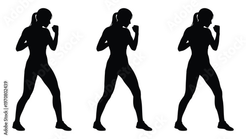 Three silhouettes of a woman in a boxing stance demonstrating fighting positions