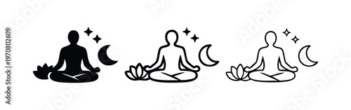 Night meditation icon with moon and stars. Peaceful mindfulness and spiritual journey vector illustration.
