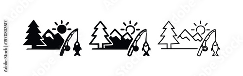Daytime fishing icons with sun, mountains and trees. Outdoor recreation and hobby vector illustration.