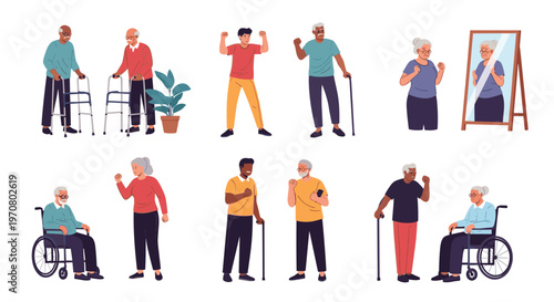 Diverse collection of senior citizen characters shown in various poses using mobility aids like walkers, canes, and wheelchairs.