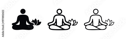 Meditation and yoga person icon with lotus flower. Mindfulness and spiritual practice vector illustration.
