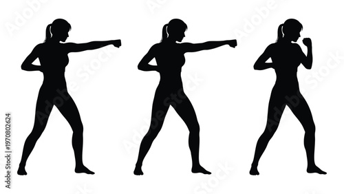 Silhouette series depicting three women practicing boxing or martial arts poses