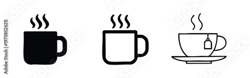 Hot drink icons with steam. Coffee cup, mug, and tea bag symbols. Warm beverage vector illustration.