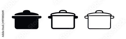 Cooking pot with lid icon set, versatile for kitchen, food preparation, and culinary designs.