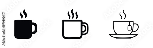 Hot drink icon set with steaming mug and teacup, ideal for coffee, tea, and beverage themes.