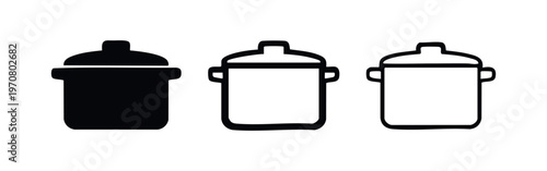 Kitchen cooking pot vector icon set with lid, for culinary, household, and meal preparation graphics.