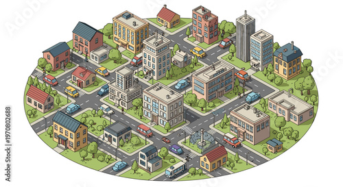 Detailed isometric map of a suburban neighborhood showing various houses, apartment buildings, trees, and cars on the streets.