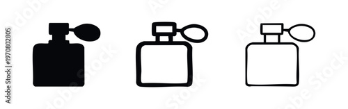 Elegant Perfume Bottle Icon Set: Fragrance Sprayer with Atomizer Symbols in Black and White.