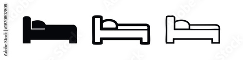 Comfortable Bed Icon Set: Sleeping Accommodation Furniture Symbols in Various Styles.