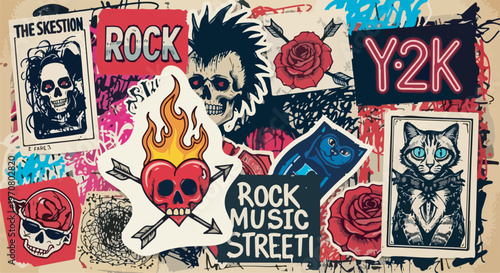 Urban graffiti art with skulls, roses, and black cat stickers eps 10