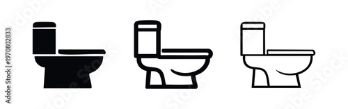 Bathroom Toilet Icon Set: Restroom Sanitation Fixture Symbols (Side View) in Outline and Silhouette.