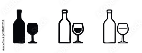 Wine and Glass Icon Set: Elegant Alcoholic Beverage Symbols for Dining and Celebration.