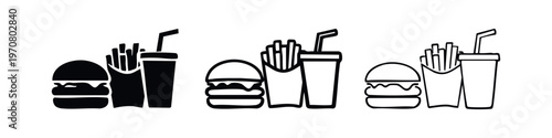 Fast Food Combo Icon Set: Hamburger, French Fries, and Soda Symbols for Restaurants and Takeout.
