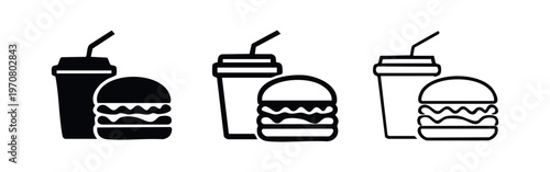 Fast food burger and drink icon set. Hamburger and soda glass with straw in solid and outline style.