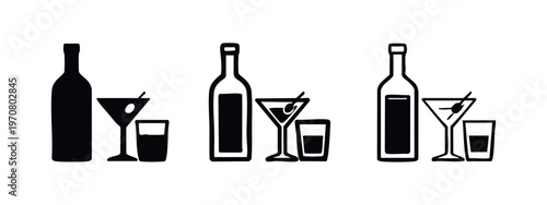 Alcoholic Drinks Icon Set: Wine Bottle, Martini, and Shot Glass Symbols for Bars and Parties.