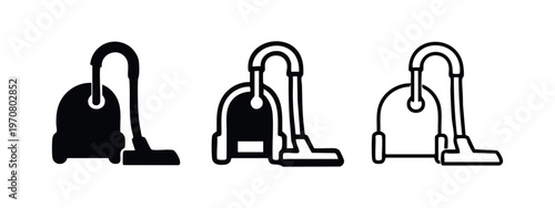 Vacuum cleaner icon set. Canister vacuum cleaner with hose and nozzle in solid and outline style.