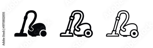 Vacuum cleaner icon set. Modern canister vacuum cleaner with wheels in solid and outline style.